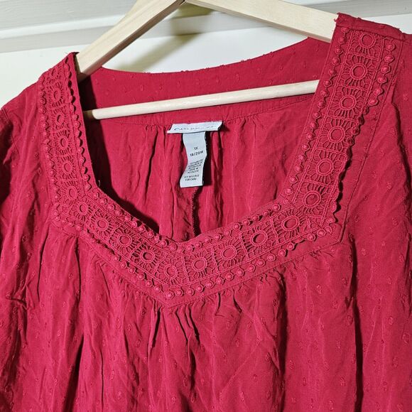 Catherine's Women’s Top Red Square Neck Crochet Lace Trim Short Sleeve Size 1X - Picture 2 of 8